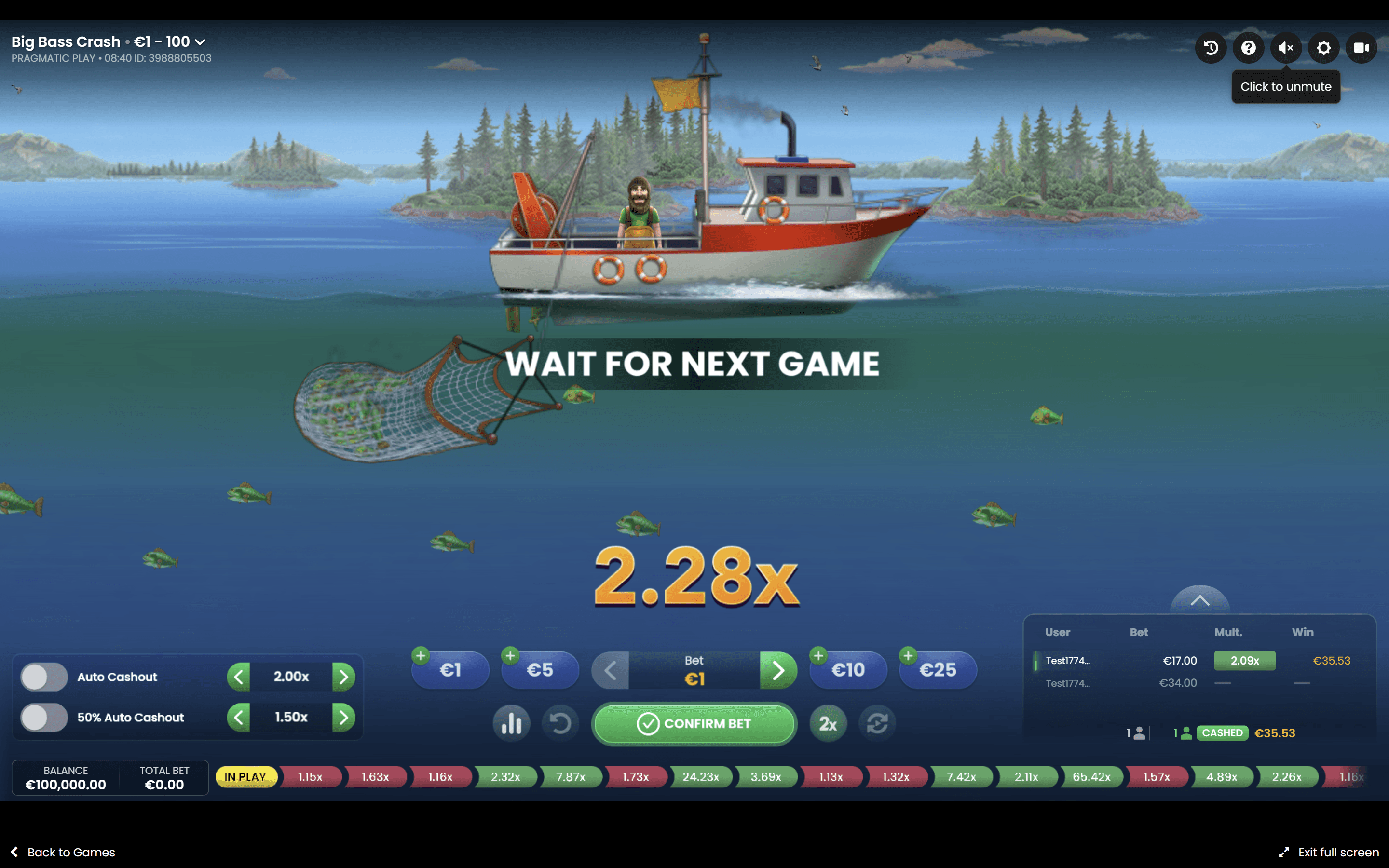 Big Bass Crash gameplay screenshot showing the multiplier climbing as the fisherman's net fills with fish