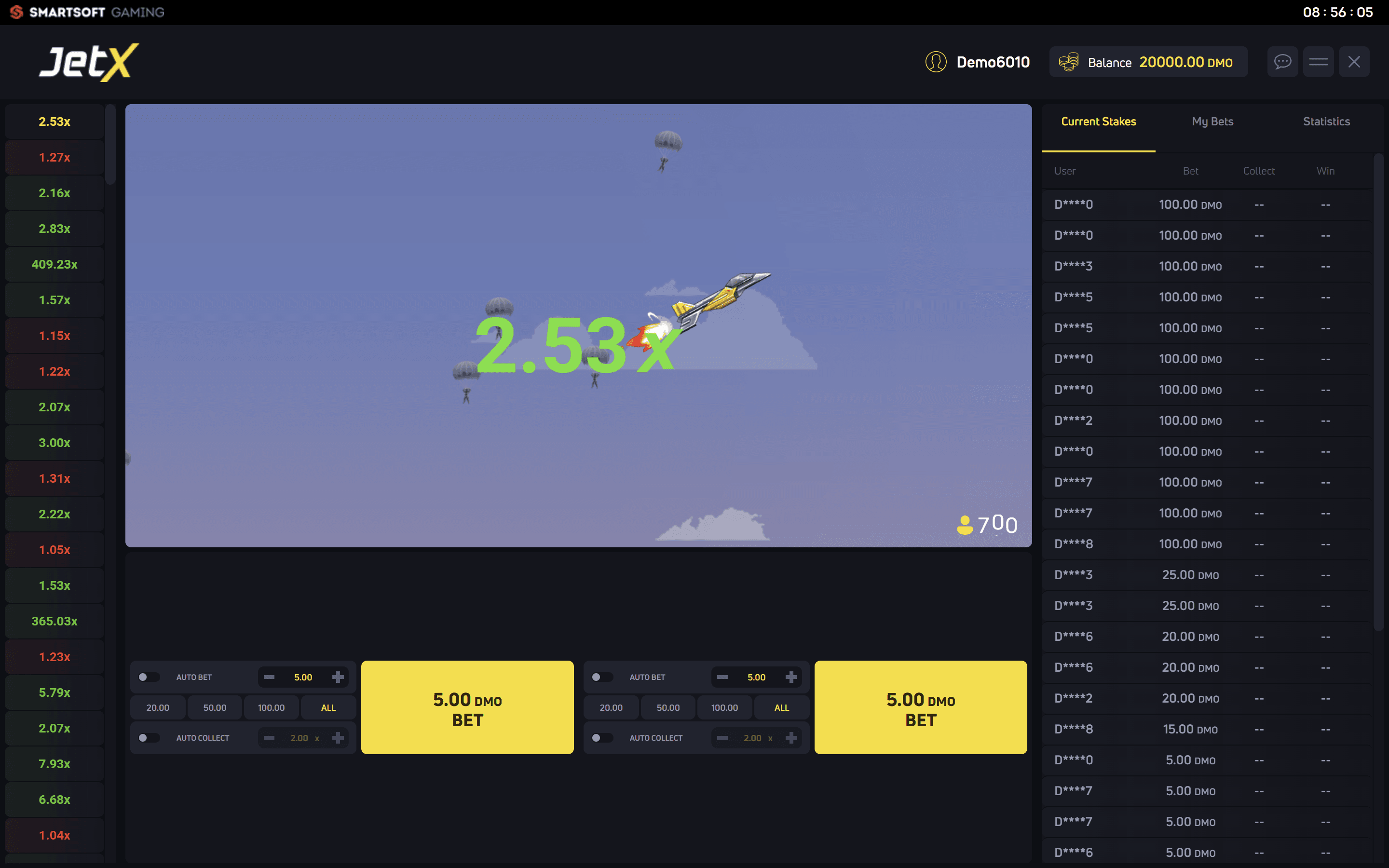 JetX gameplay screenshot showing the jet ascending with the multiplier climbing before the crash