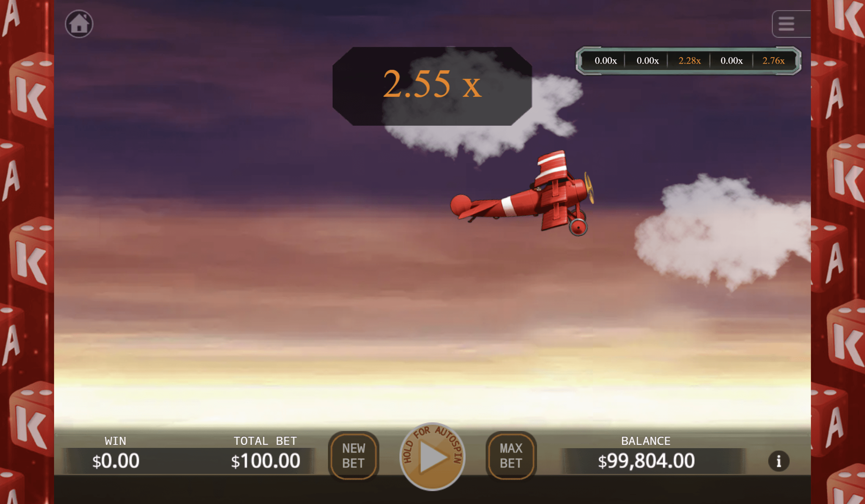 Red Baron gameplay screenshot showing the plane ascending with the multiplier climbing before the crash