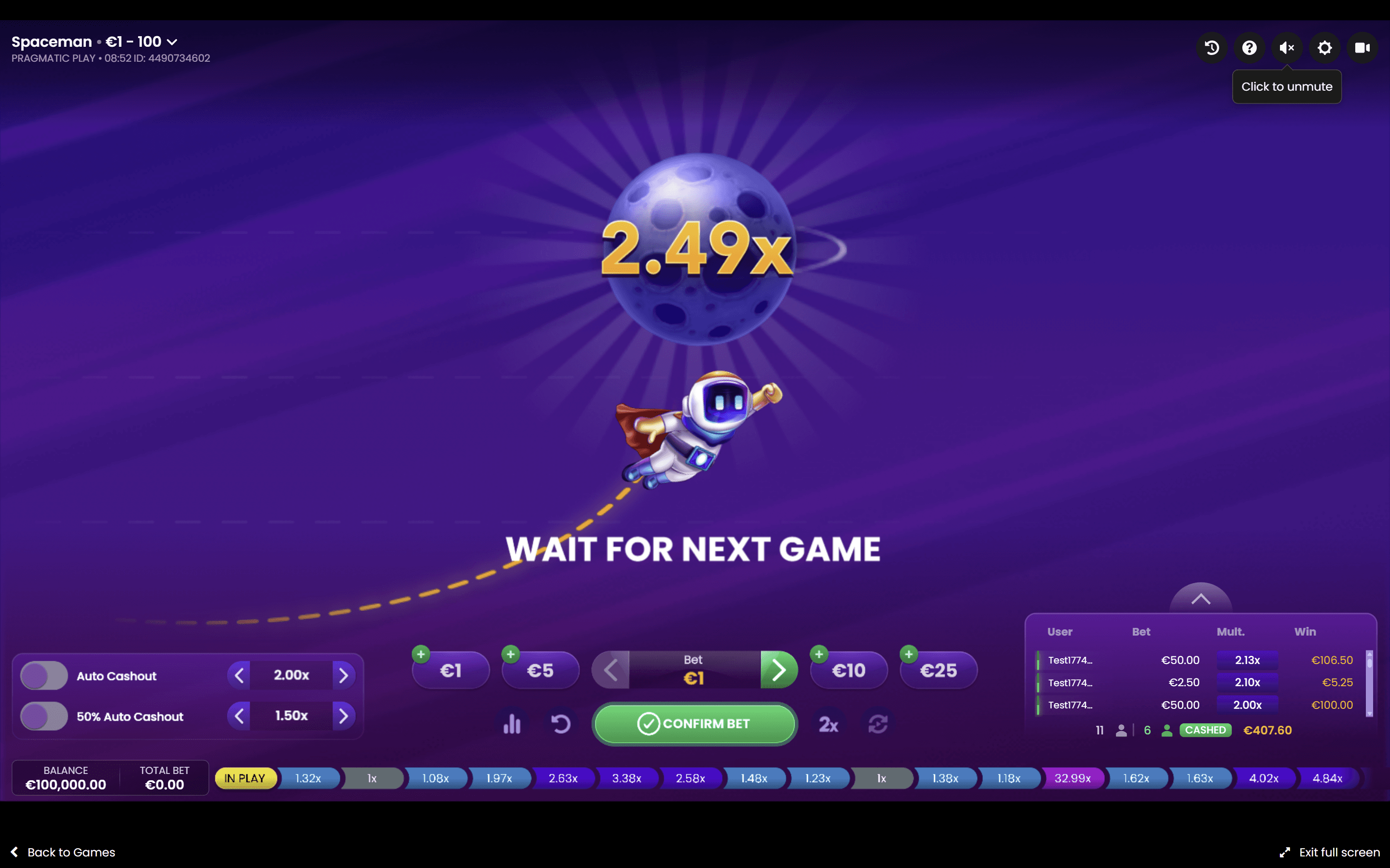 Spaceman gameplay screenshot showing the astronaut ascending with the multiplier climbing before the crash